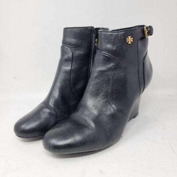 Tory Burch 8.5 M Milan Leather‎ Wedge Black Bootie Boots Ankle - Picture 1 of 11